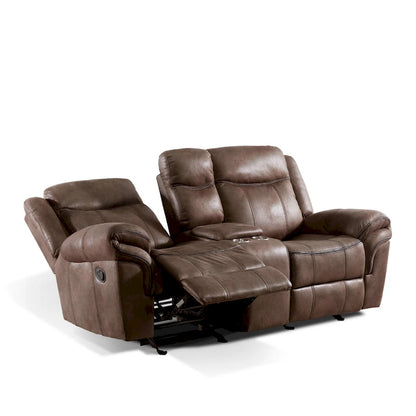 Canapé inclinable deux places Verne Brown en microfibre suédée avec console de rangement centrale