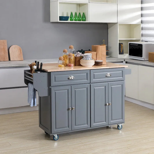HOMCOM Rolling Kitchen Island on Wheels Utility Cart with Drop-Leaf and Rubber Wood Countertop, Storage Drawers, Dark Grey