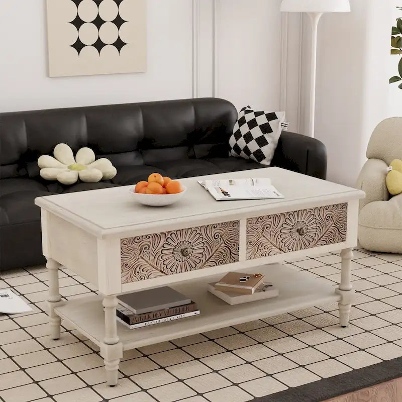 Table basse rectangulaire VENTOPYR de style moderne du milieu du siècle avec 2 tiroirs et une étagère