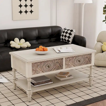 Table basse rectangulaire VENTOPYR de style moderne du milieu du siècle avec 2 tiroirs et une étagère