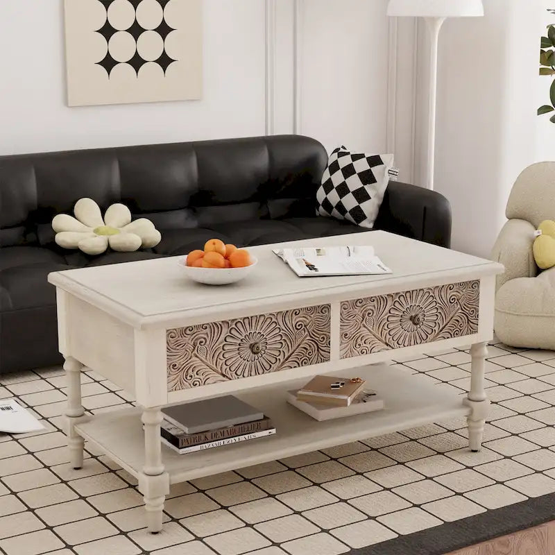Table basse rectangulaire VENTOPYR de style moderne du milieu du siècle avec 2 tiroirs et une étagère