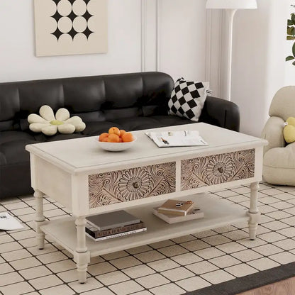 Table basse rectangulaire VENTOPYR de style moderne du milieu du siècle avec 2 tiroirs et une étagère