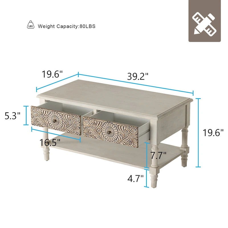 Table basse rectangulaire VENTOPYR de style moderne du milieu du siècle avec 2 tiroirs et une étagère