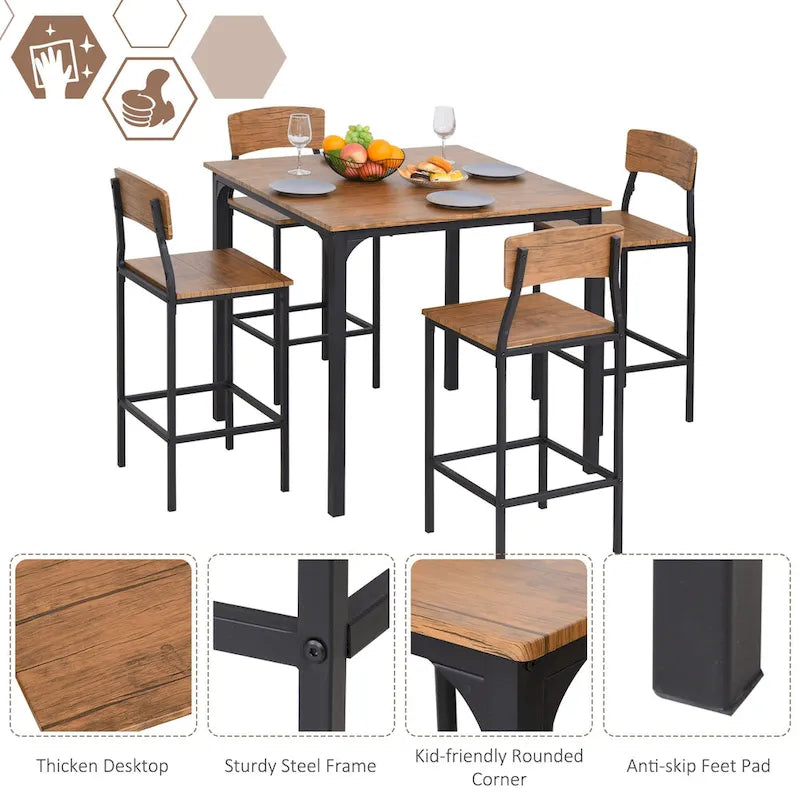 Ensemble de salle à manger moderne HOMCOM 5 pièces, table de cuisine compacte haute et 4 chaises avec repose-pieds, pieds en métal, bois.