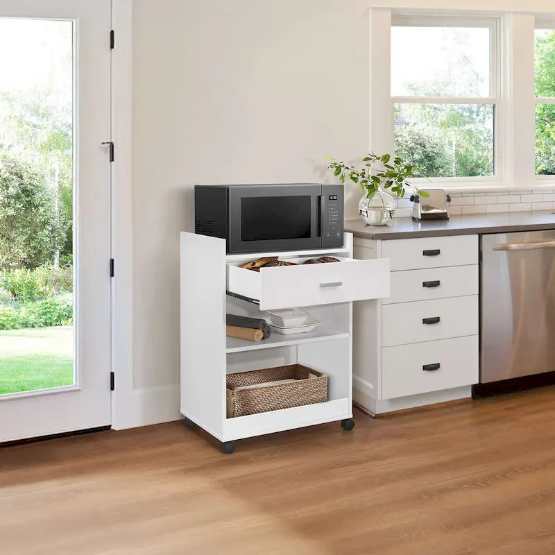 Kitchen Island Microwave Serving Cart Cabinet with Drawer and Shelfs for Storage (White)