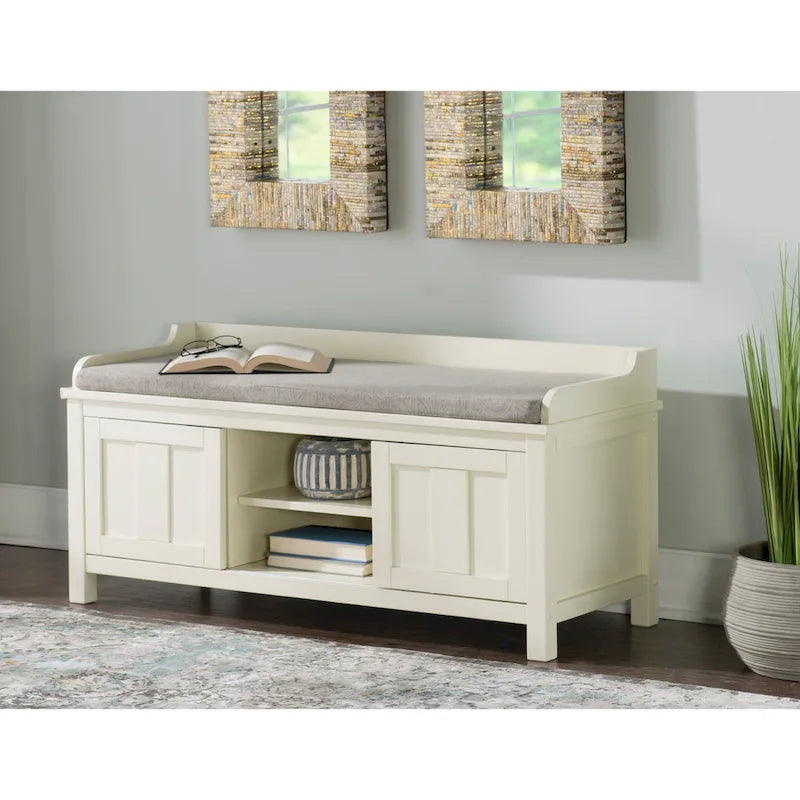 Banc de rangement rembourré en métal blanc et bois Lakeville