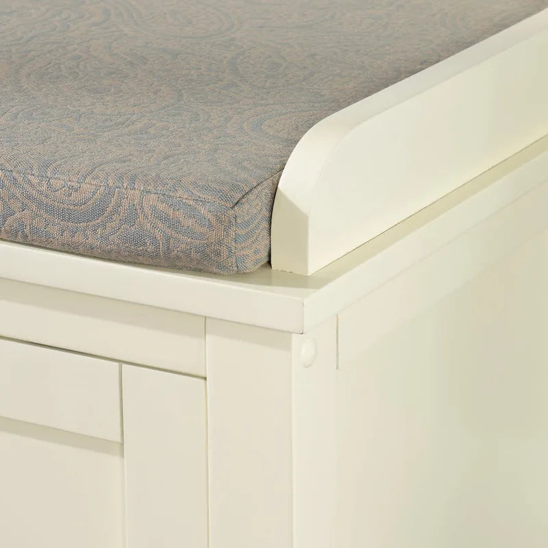Banc de rangement rembourré en métal blanc et bois Lakeville