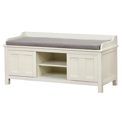 Banc de rangement rembourré en métal blanc et bois Lakeville
