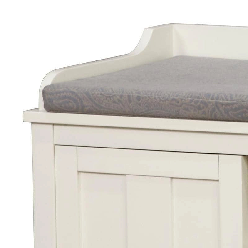 Banc de rangement rembourré en métal blanc et bois Lakeville