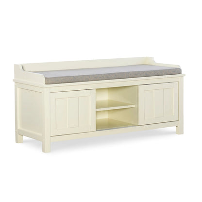 Banc de rangement rembourré en métal blanc et bois Lakeville