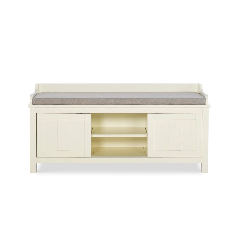 Banc de rangement rembourré en métal blanc et bois Lakeville