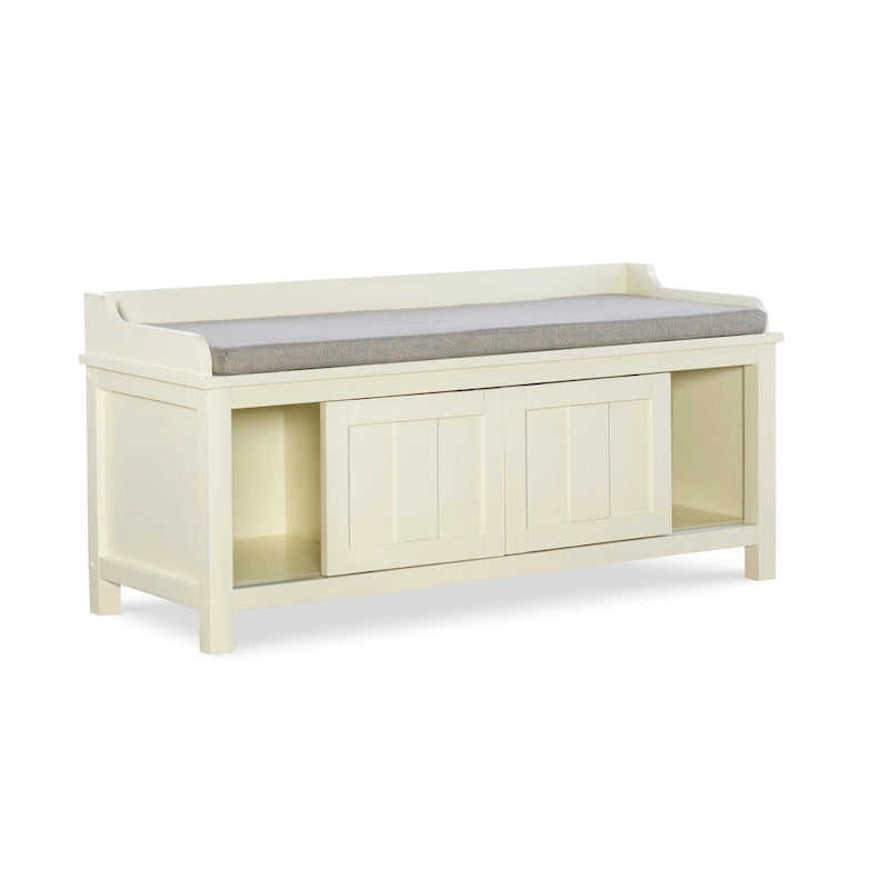 Banc de rangement rembourré en métal blanc et bois Lakeville