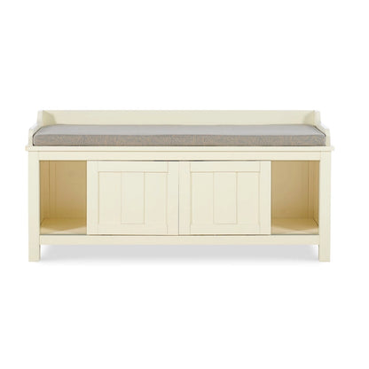 Banc de rangement rembourré en métal blanc et bois Lakeville