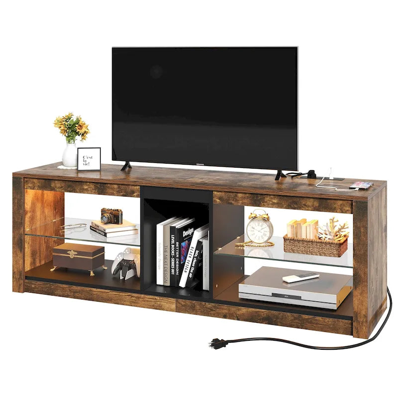 Meuble TV Moasis LED RGB avec prises électriques pour téléviseurs jusqu'à 55/60 pouces, centre multimédia avec étagères en verre