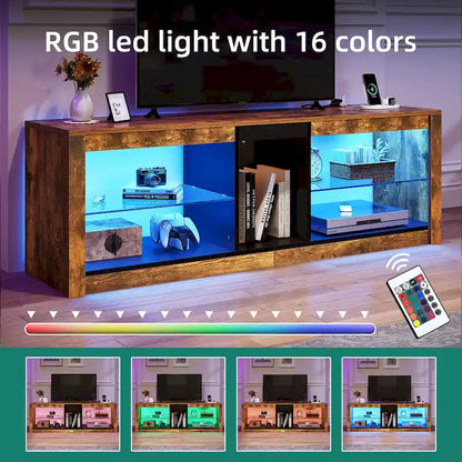 Meuble TV Moasis LED RGB avec prises électriques pour téléviseurs jusqu'à 55/60 pouces, centre multimédia avec étagères en verre