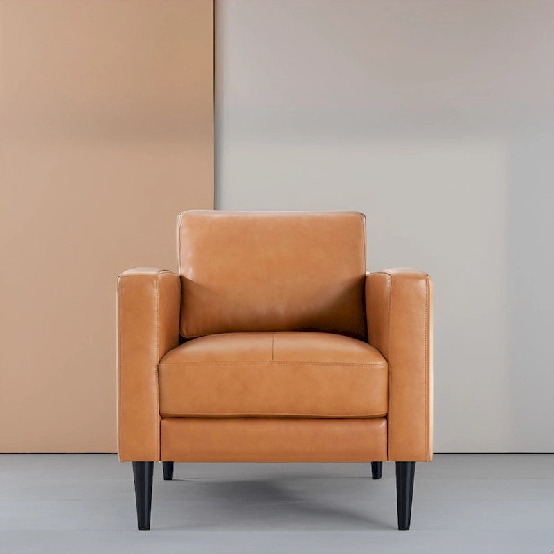 Fauteuil en cuir de vachette haut de gamme avec coussins haute densité et grand espace d'assise