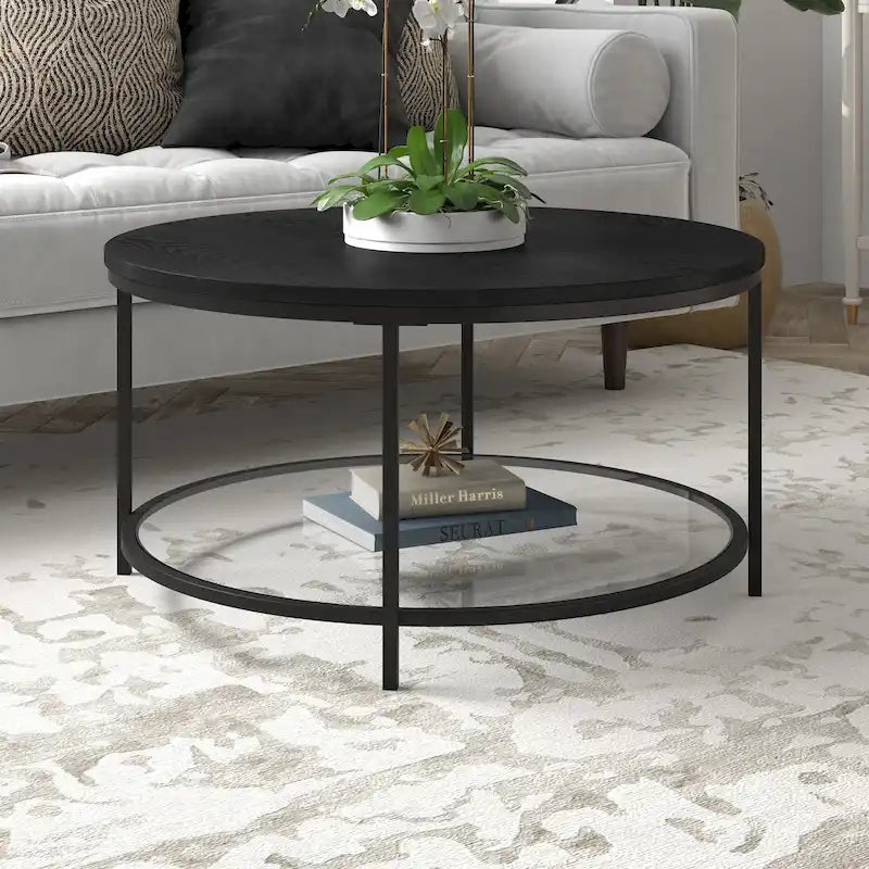 Table basse ronde Sevilla de 81 cm de large avec plateau en MDF et étagère en verre - 81 cm de large