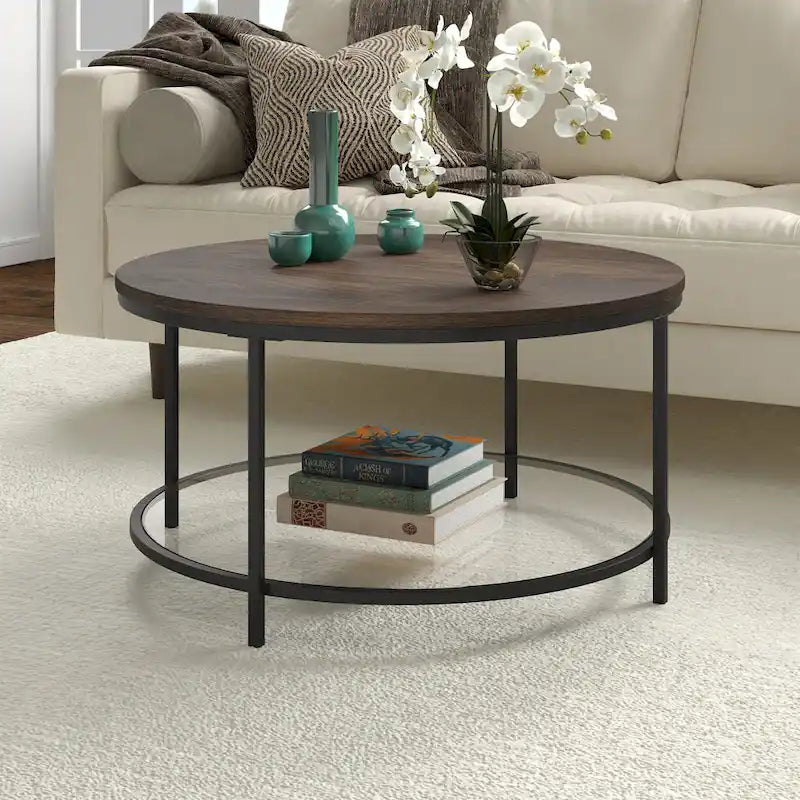 Sevilla 32 Wide Round Coffee Table with MDF Top and Glass Shelf - 32 Wide