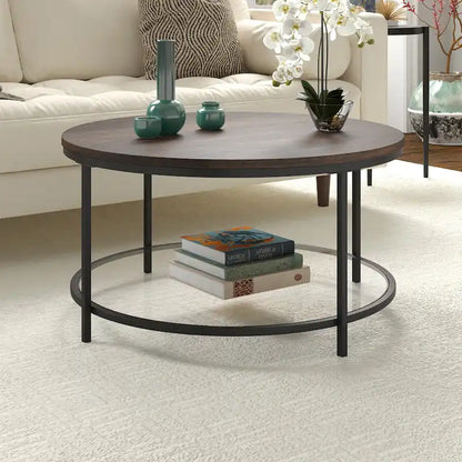 Table basse ronde Sevilla de 81 cm de large avec plateau en MDF et étagère en verre - 81 cm de large