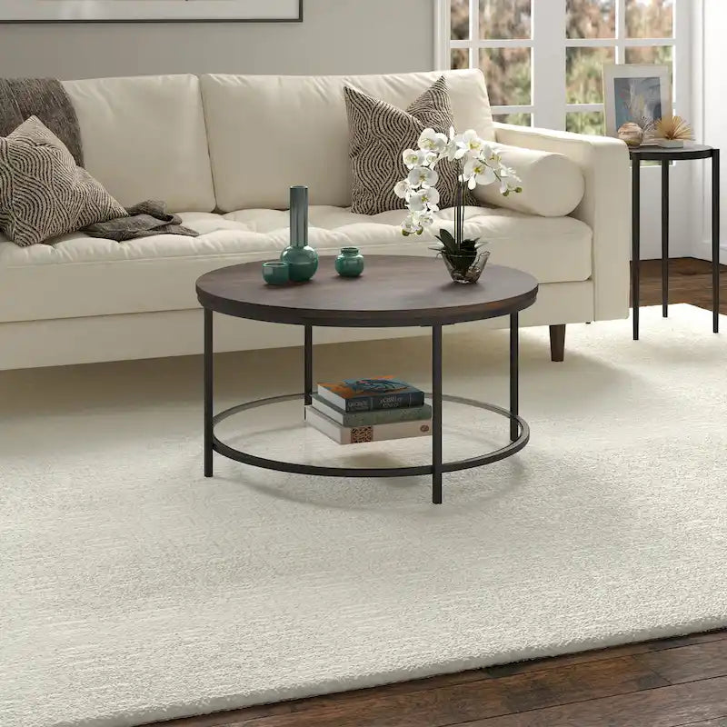 Table basse ronde Sevilla de 81 cm de large avec plateau en MDF et étagère en verre - 81 cm de large