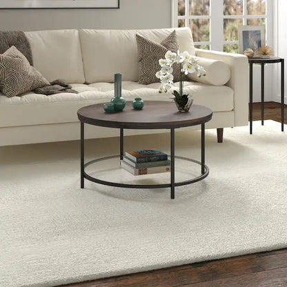 Table basse ronde Sevilla de 81 cm de large avec plateau en MDF et étagère en verre - 81 cm de large