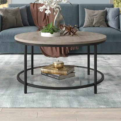 Table basse ronde Sevilla de 81 cm de large avec plateau en MDF et étagère en verre - 81 cm de large