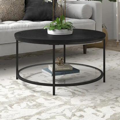 Table basse ronde Sevilla de 81 cm de large avec plateau en MDF et étagère en verre - 81 cm de large
