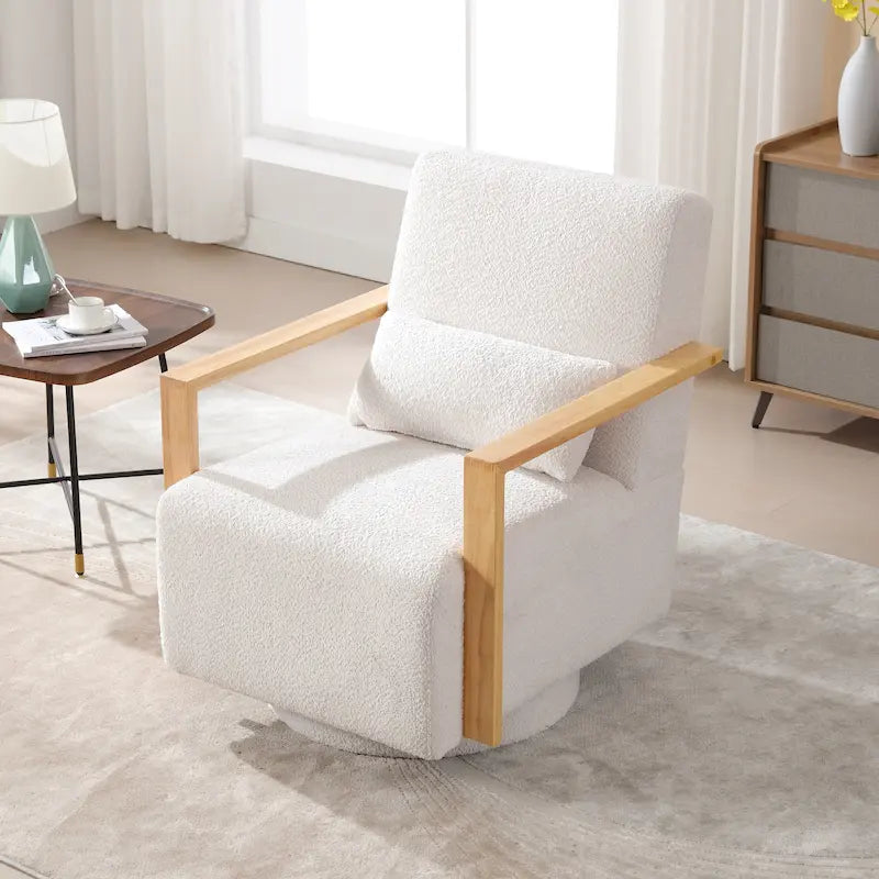 Fauteuil pivotant rembourré en bouclette style milieu du siècle avec coussin