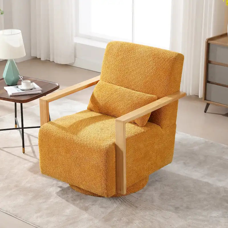 Fauteuil pivotant rembourré en bouclette style milieu du siècle avec coussin