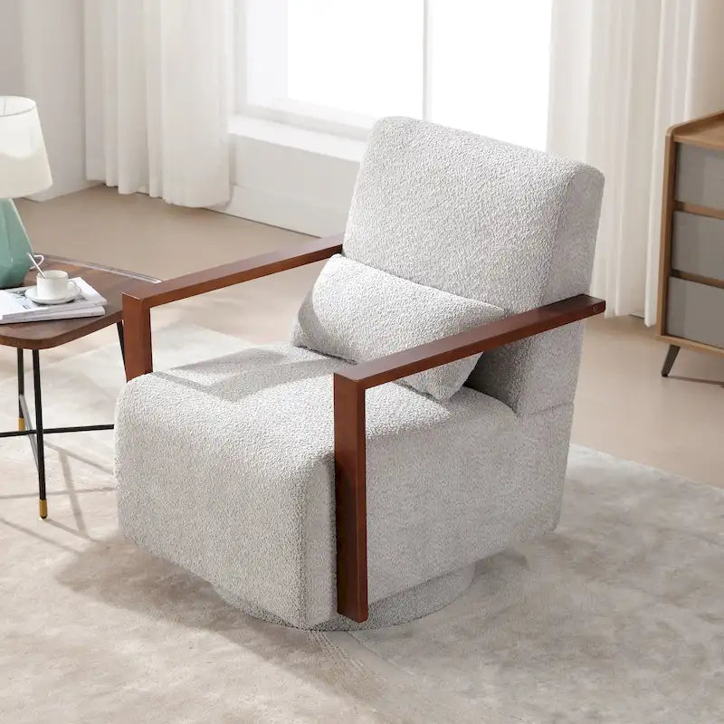 Fauteuil pivotant rembourré en bouclette style milieu du siècle avec coussin