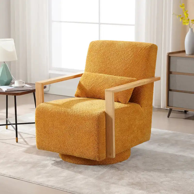 Fauteuil pivotant rembourré en bouclette style milieu du siècle avec coussin