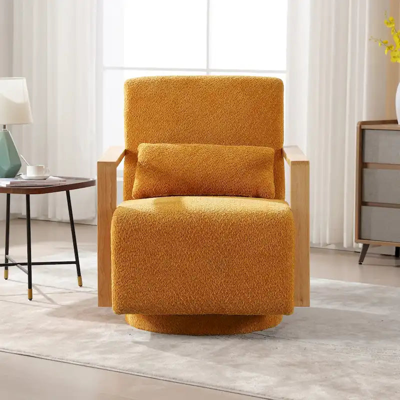 Fauteuil pivotant rembourré en bouclette style milieu du siècle avec coussin