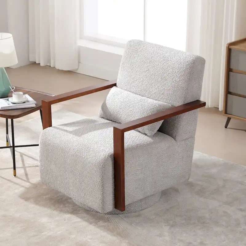 Fauteuil pivotant rembourré en bouclette style milieu du siècle avec coussin