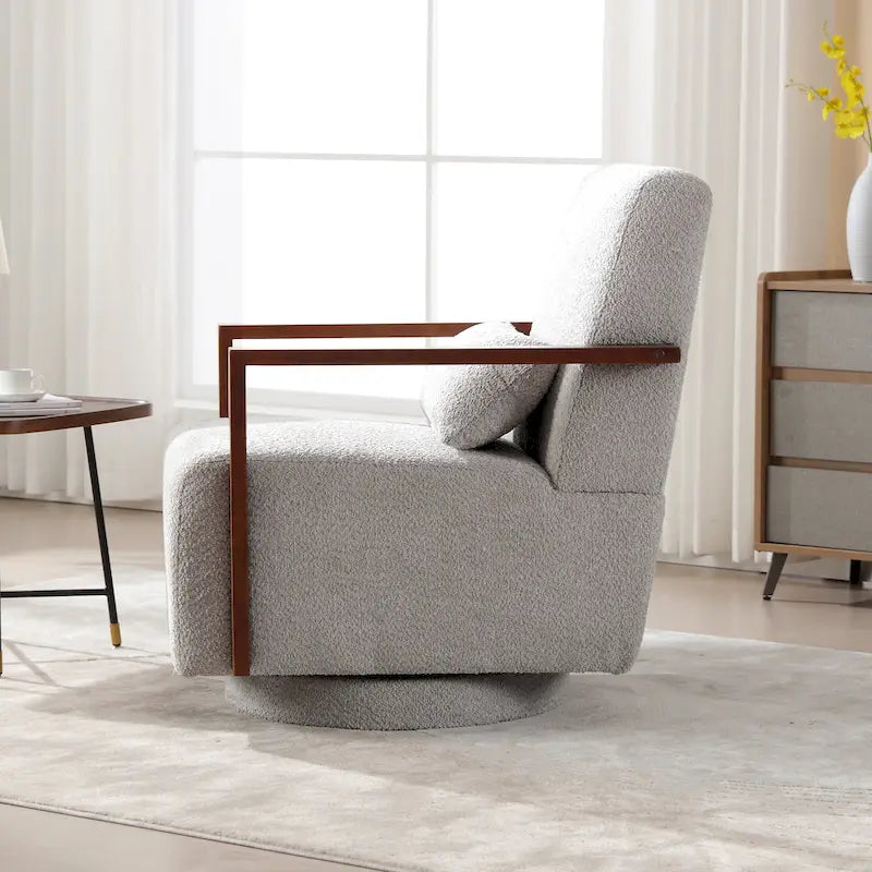 Fauteuil pivotant rembourré en bouclette style milieu du siècle avec coussin