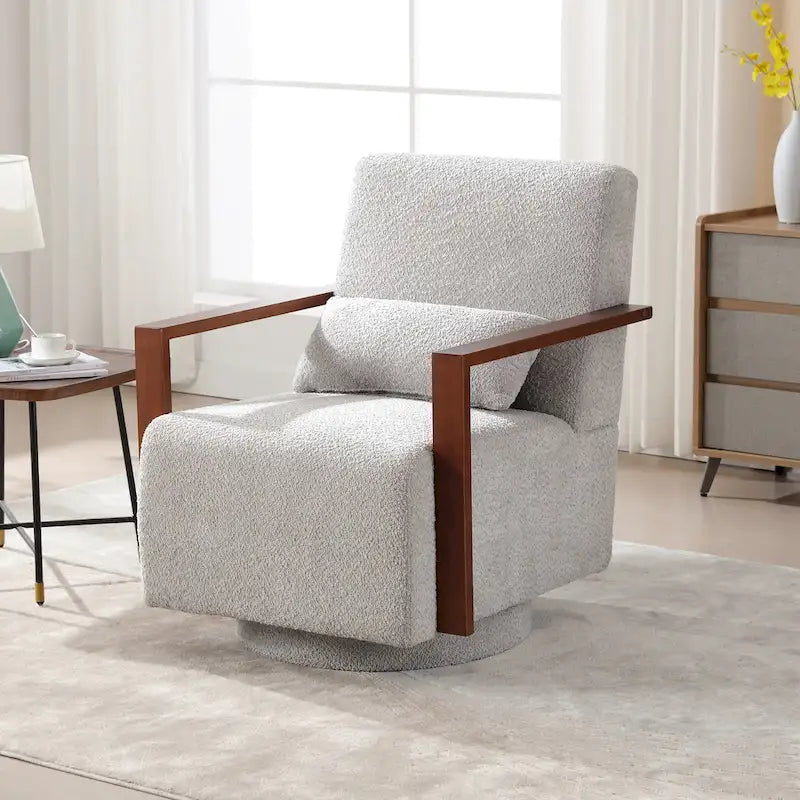 Fauteuil pivotant rembourré en bouclette style milieu du siècle avec coussin