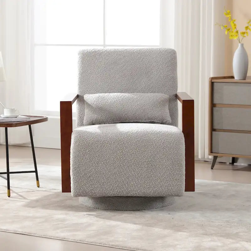 Fauteuil pivotant rembourré en bouclette style milieu du siècle avec coussin