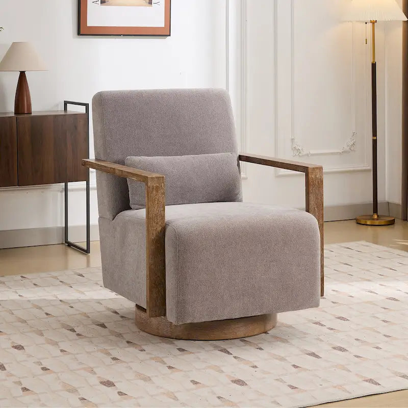 Fauteuil pivotant rembourré en bouclette style milieu du siècle avec coussin