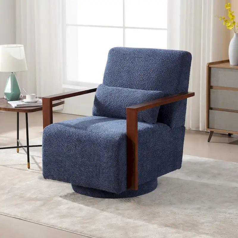 Fauteuil pivotant rembourré en bouclette style milieu du siècle avec coussin
