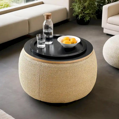 Pouf de rangement rond 3 en 1, servant à la fois de table basse et de table d'appoint artisanale.