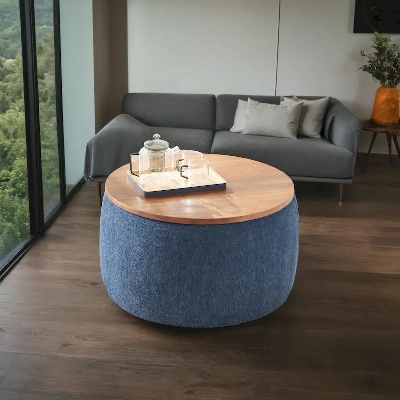 Pouf de rangement rond 3 en 1, servant à la fois de table basse et de table d'appoint artisanale.