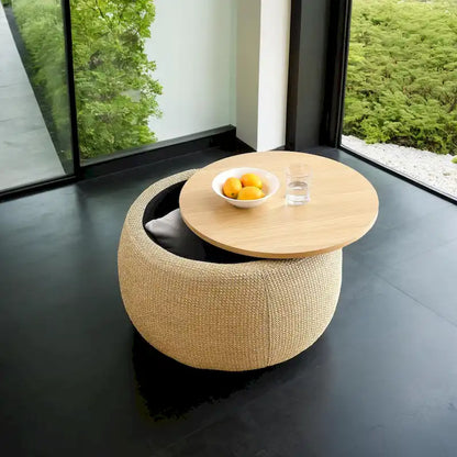Pouf de rangement rond 3 en 1, servant à la fois de table basse et de table d'appoint artisanale.