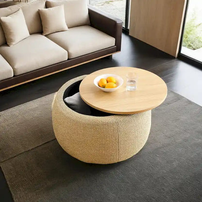 Pouf de rangement rond 3 en 1, servant à la fois de table basse et de table d'appoint artisanale.