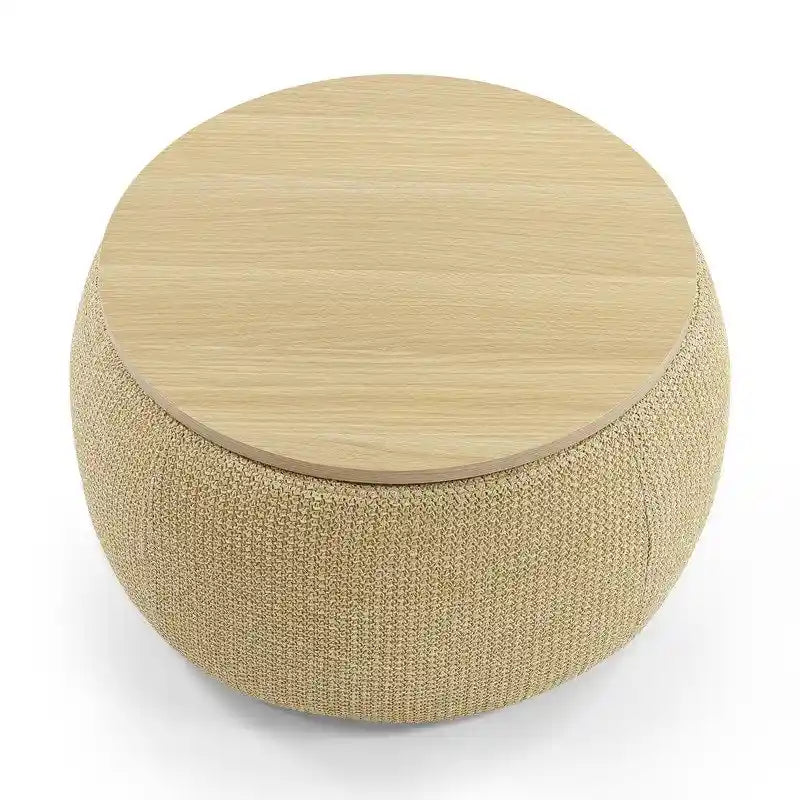 Pouf de rangement rond 3 en 1, servant à la fois de table basse et de table d'appoint artisanale.