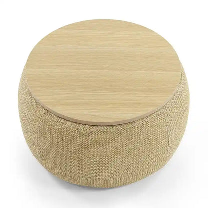 Pouf de rangement rond 3 en 1, servant à la fois de table basse et de table d'appoint artisanale.