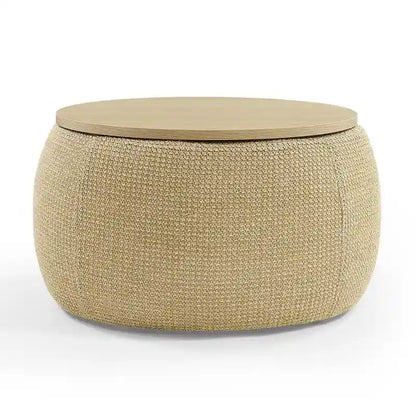 Pouf de rangement rond 3 en 1, servant à la fois de table basse et de table d'appoint artisanale.
