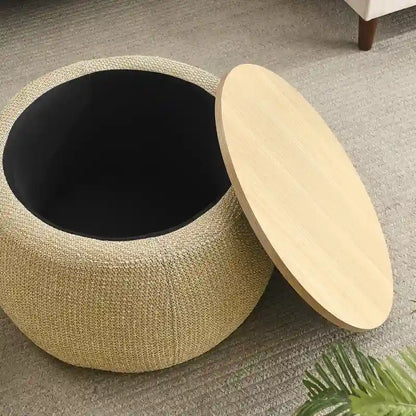 Pouf de rangement rond 3 en 1, servant à la fois de table basse et de table d'appoint artisanale.