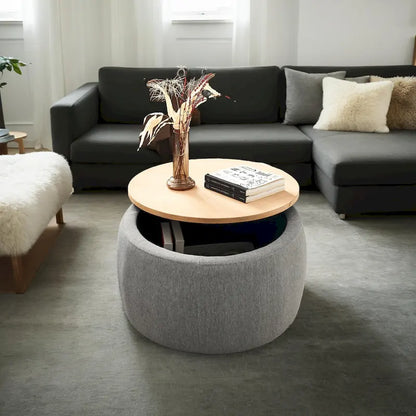 Pouf de rangement rond 3 en 1, servant à la fois de table basse et de table d'appoint artisanale.