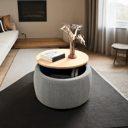 Pouf de rangement rond 3 en 1, servant à la fois de table basse et de table d'appoint artisanale.