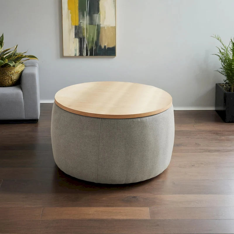 Pouf de rangement rond 3 en 1, servant à la fois de table basse et de table d'appoint artisanale.
