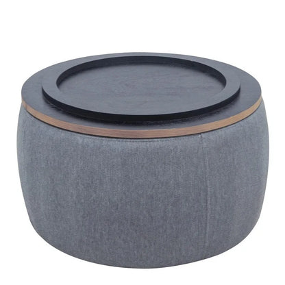 Pouf de rangement rond 3 en 1, servant à la fois de table basse et de table d'appoint artisanale.